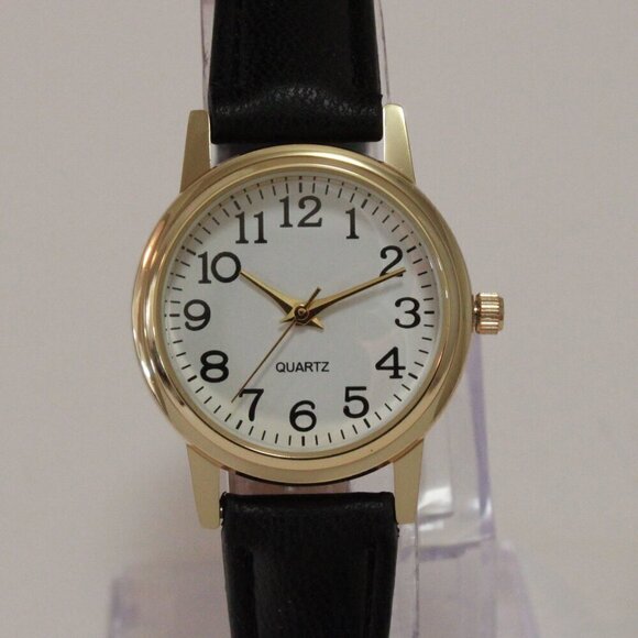 Ladies Easy Reader Dress Quartz Watch Gold-toned Black Strap White Dial 28mm - Picture 6 of 12